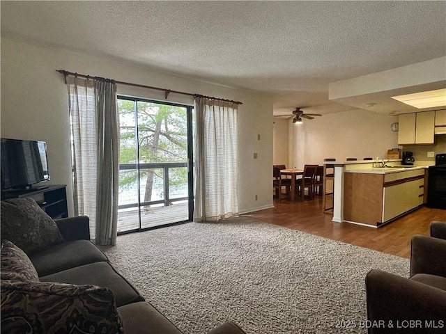 living room with sink, ceiling fan, light carpet, and a textured ceiling