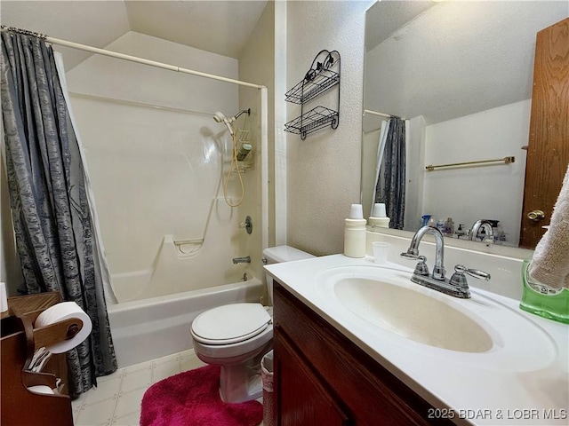 full bathroom featuring vanity, toilet, vaulted ceiling, and shower / tub combo with curtain