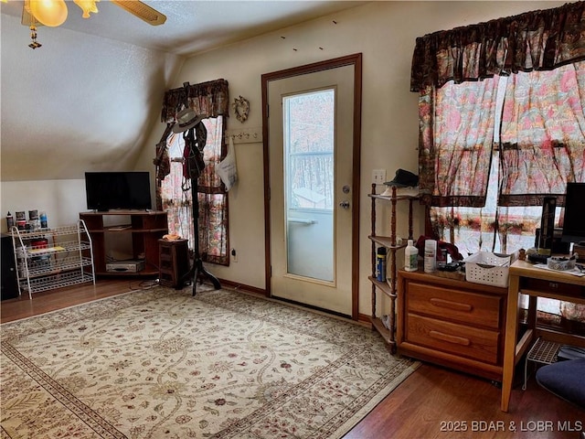 doorway featuring hardwood / wood-style floors and lofted ceiling