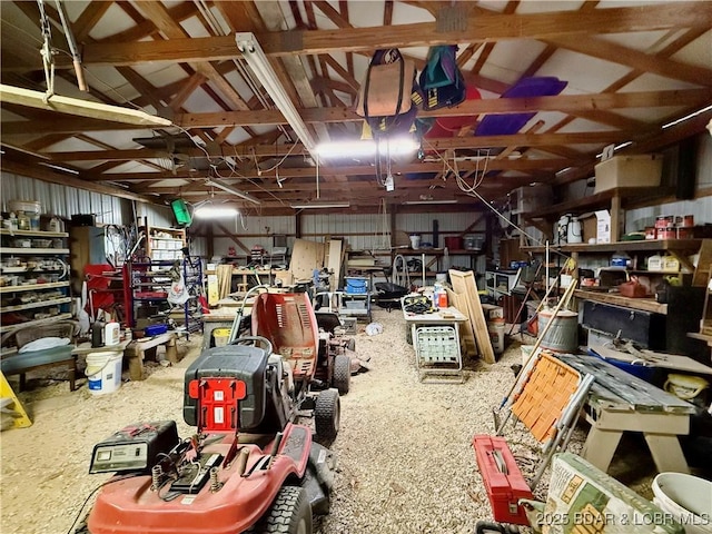 garage with a workshop area