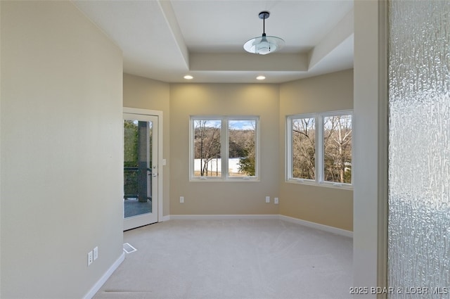 unfurnished room with light colored carpet and a raised ceiling