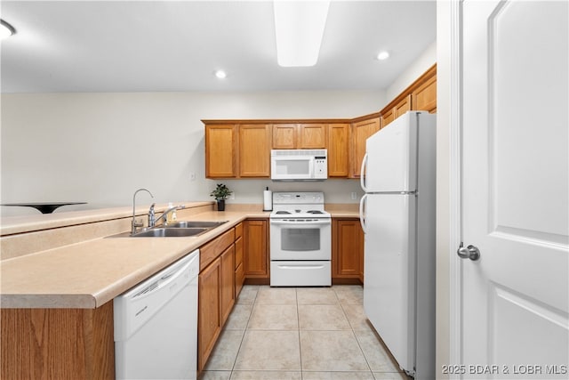 kitchen with white appliances, kitchen peninsula, sink, and light tile patterned floors