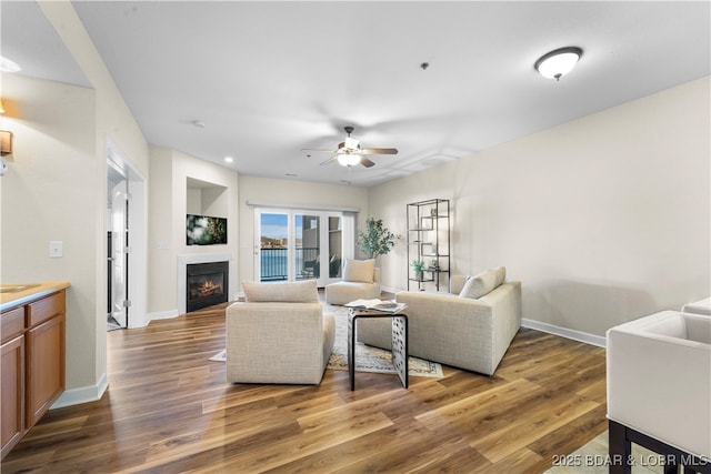 living room with ceiling fan and wood-type flooring