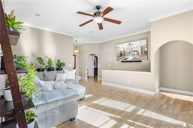 living room with ceiling fan, crown molding, and light hardwood / wood-style floors