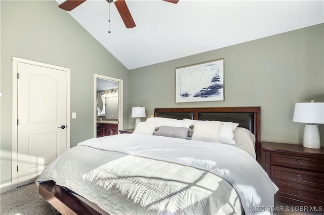 bedroom with ceiling fan, carpet flooring, high vaulted ceiling, and ensuite bathroom