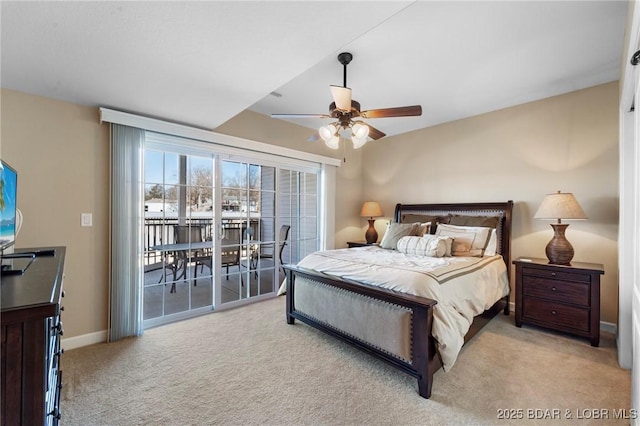 carpeted bedroom featuring ceiling fan and access to outside