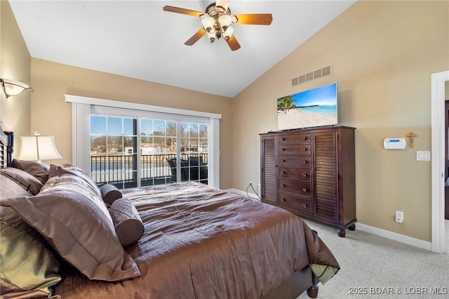 carpeted bedroom featuring ceiling fan, lofted ceiling, and access to outside