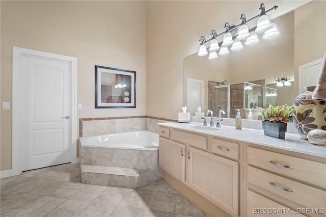 bathroom featuring vanity, separate shower and tub, and tile patterned flooring