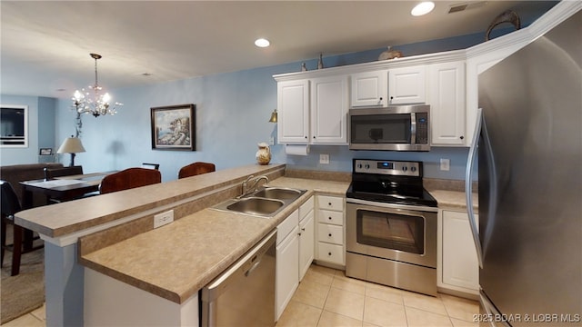 kitchen with light tile patterned flooring, white cabinetry, sink, kitchen peninsula, and stainless steel appliances