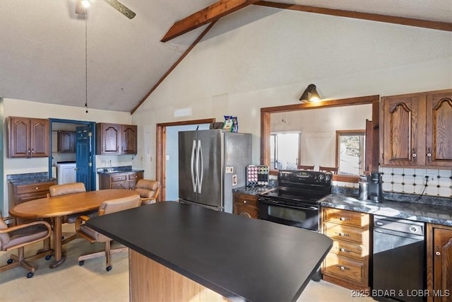 kitchen with high vaulted ceiling, stainless steel refrigerator, beamed ceiling, decorative backsplash, and black electric range