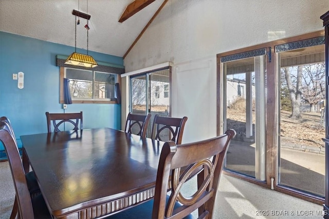 dining space with a healthy amount of sunlight, carpet flooring, lofted ceiling with beams, and a textured ceiling