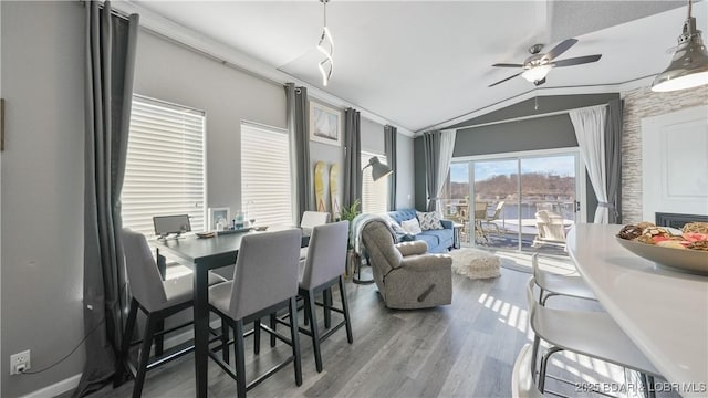 dining space with crown molding, lofted ceiling, wood-type flooring, and ceiling fan