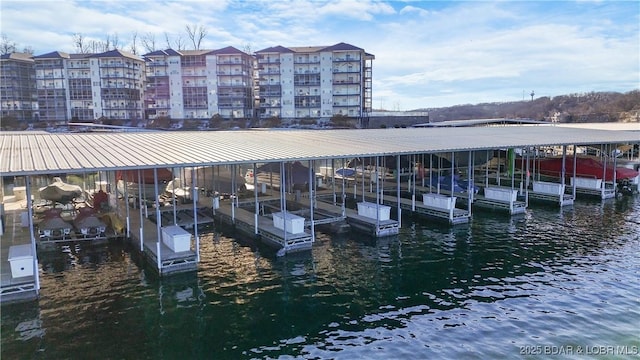 view of dock with a water view