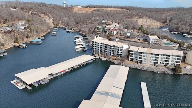 aerial view featuring a water view
