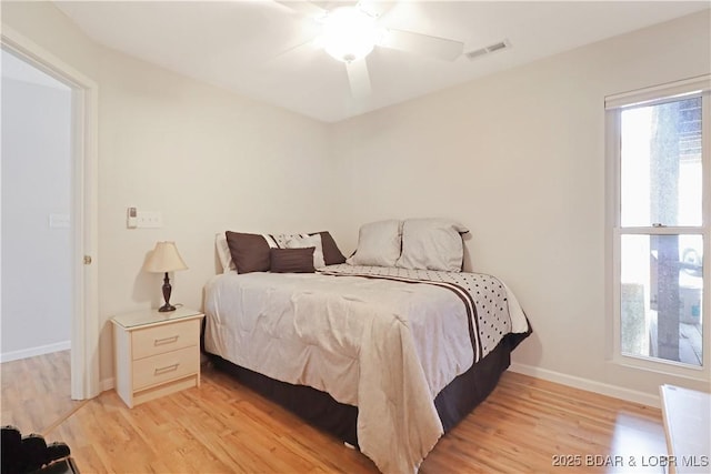 bedroom with ceiling fan and light wood-type flooring