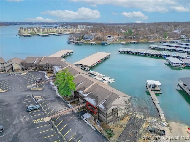 drone / aerial view featuring a water view