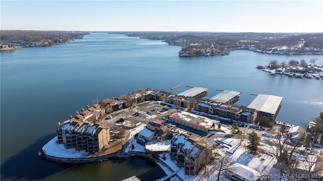 drone / aerial view featuring a water view