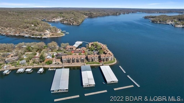 drone / aerial view featuring a water view