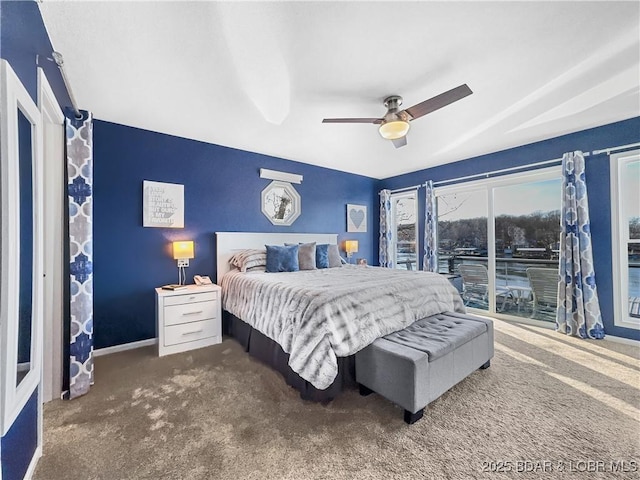 carpeted bedroom with access to exterior and ceiling fan