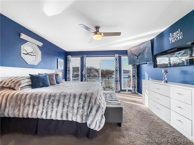 bedroom featuring ceiling fan, carpet flooring, and access to exterior