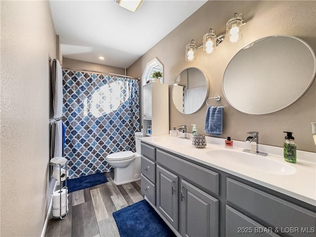 bathroom with wood-type flooring, vanity, and toilet