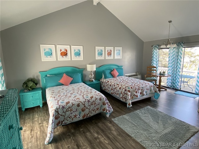 bedroom featuring high vaulted ceiling, dark wood-type flooring, access to outside, and beam ceiling