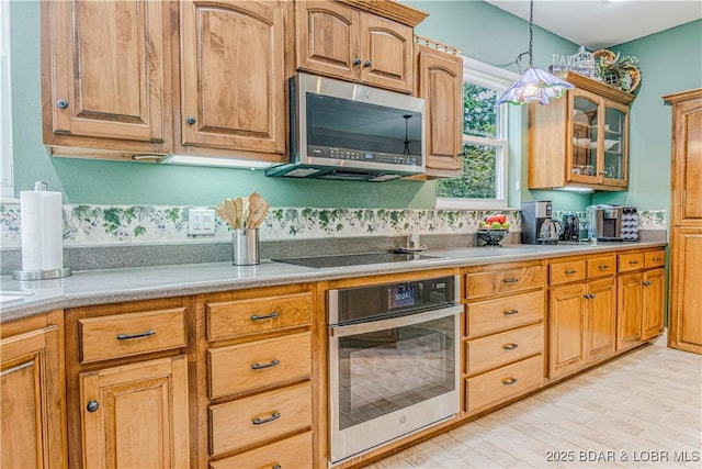 kitchen featuring appliances with stainless steel finishes, hanging light fixtures, and light wood-type flooring