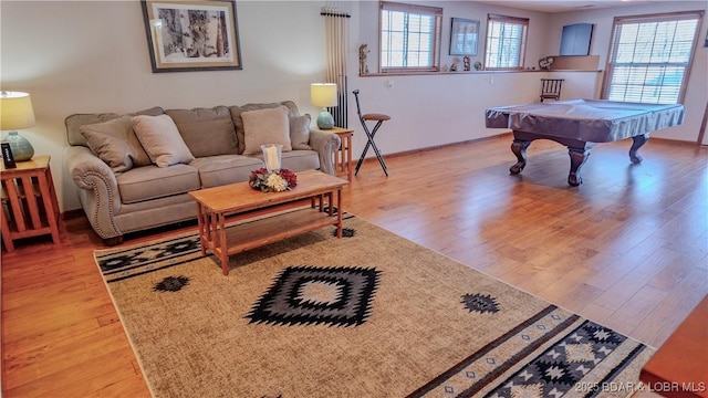 playroom with wood finished floors and billiards