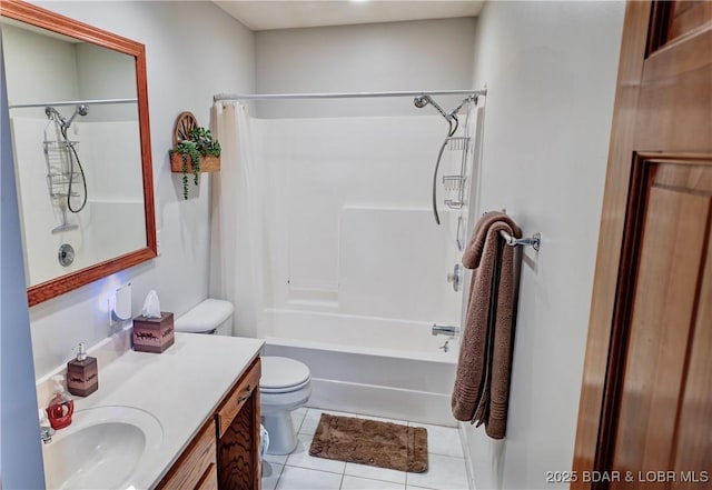 full bathroom featuring vanity, shower / tub combo, tile patterned floors, and toilet