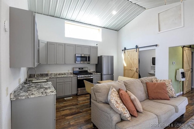 kitchen with sink, dark wood-type flooring, appliances with stainless steel finishes, gray cabinetry, and a barn door