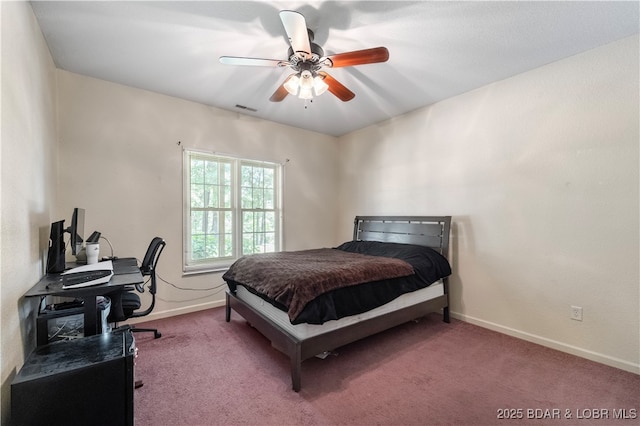 bedroom with ceiling fan and carpet flooring