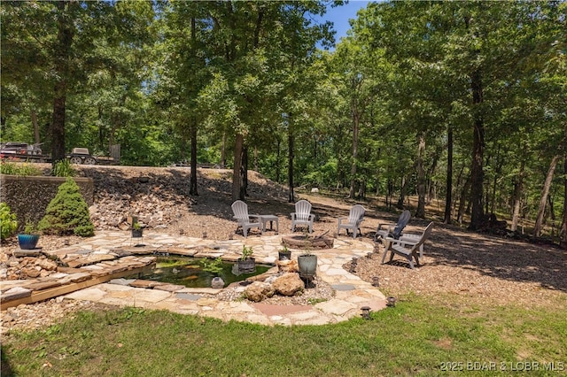 view of yard featuring a patio area and a fire pit