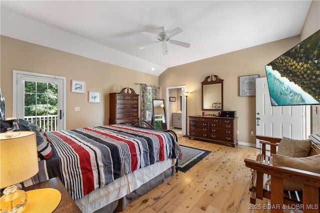 bedroom featuring lofted ceiling, access to outside, ceiling fan, and light hardwood / wood-style floors