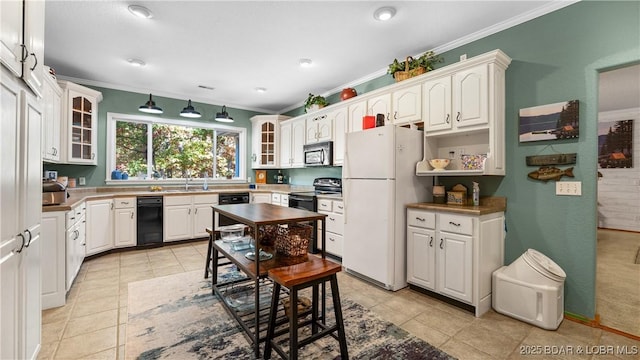 kitchen featuring crown molding, stainless steel electric range oven, dishwasher, white fridge, and white cabinets