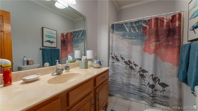 bathroom with tile patterned flooring, vanity, ornamental molding, curtained shower, and toilet