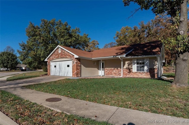 ranch-style house featuring a garage and a front lawn