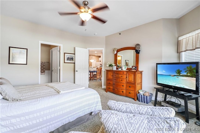 bedroom featuring ceiling fan and light colored carpet