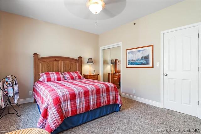 carpeted bedroom featuring a closet and ceiling fan