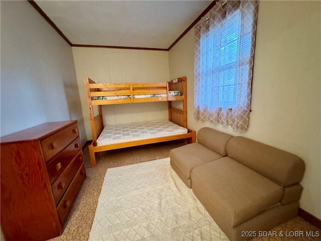 carpeted bedroom with crown molding