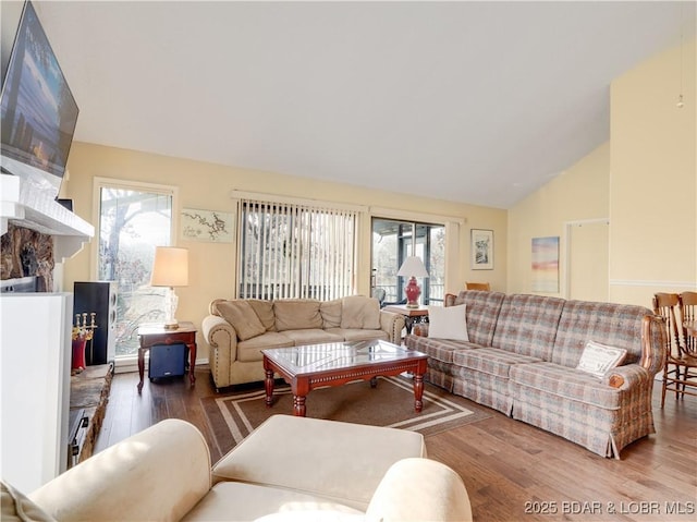 living room with lofted ceiling, plenty of natural light, and wood finished floors