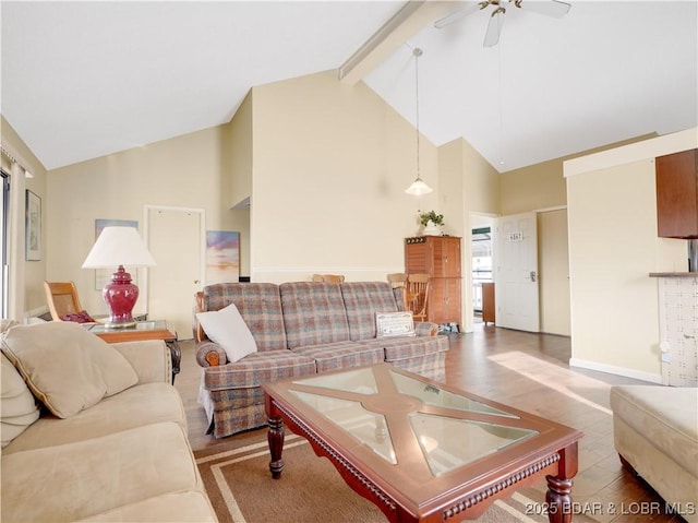 living room featuring beamed ceiling, ceiling fan, high vaulted ceiling, and hardwood / wood-style floors