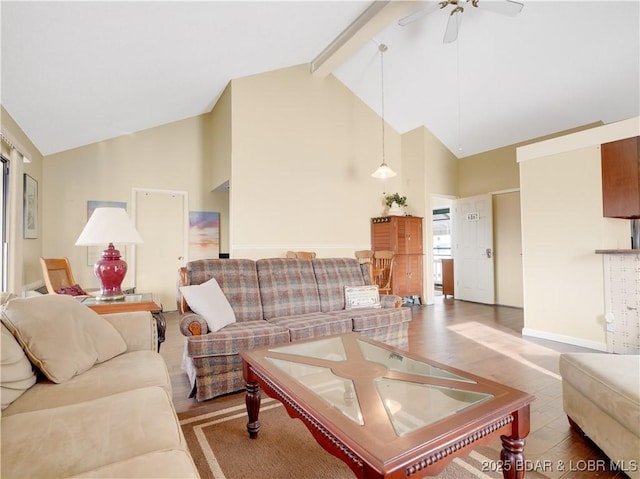 161 Lubbers Quarters, Osage Beach, MO 65065 - living area featuring high vaulted ceiling, ceiling fan, beam ceiling, and baseboards