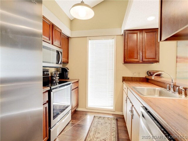 kitchen featuring vaulted ceiling, appliances with stainless steel finishes, dark hardwood / wood-style flooring, and sink