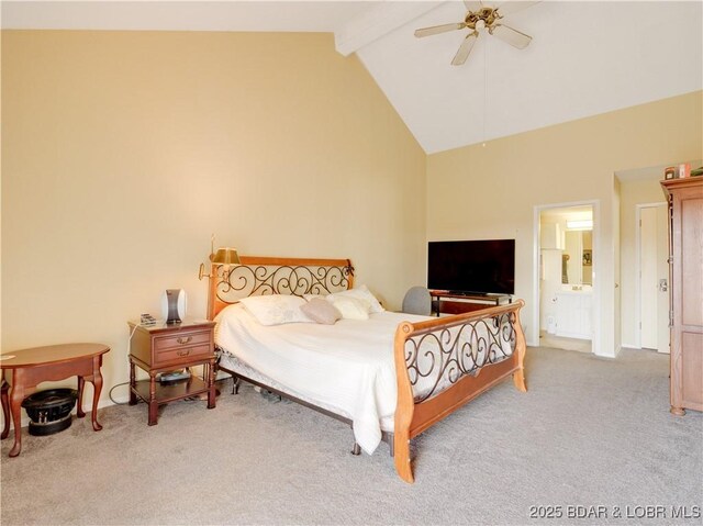 bedroom featuring beamed ceiling, ceiling fan, high vaulted ceiling, and light carpet