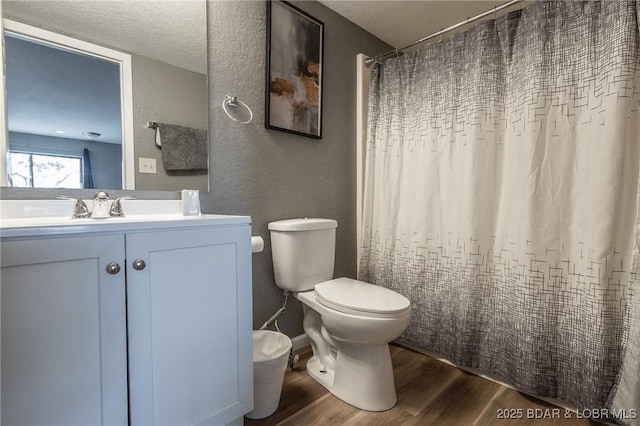 bathroom featuring wood-type flooring, vanity, a textured ceiling, and toilet