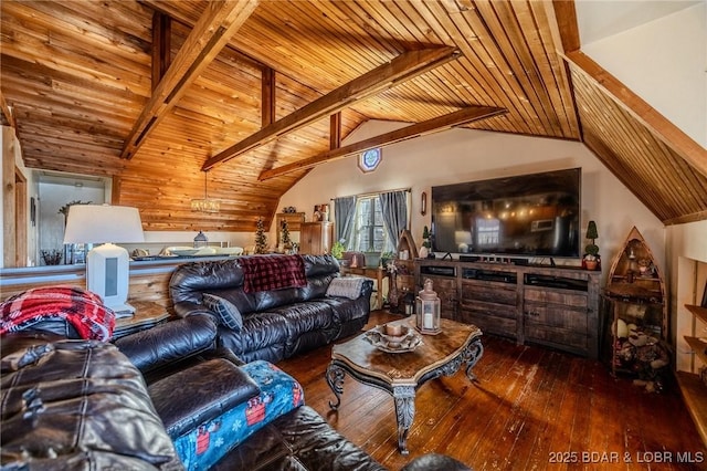 living room featuring beamed ceiling, high vaulted ceiling, wooden ceiling, and dark hardwood / wood-style flooring