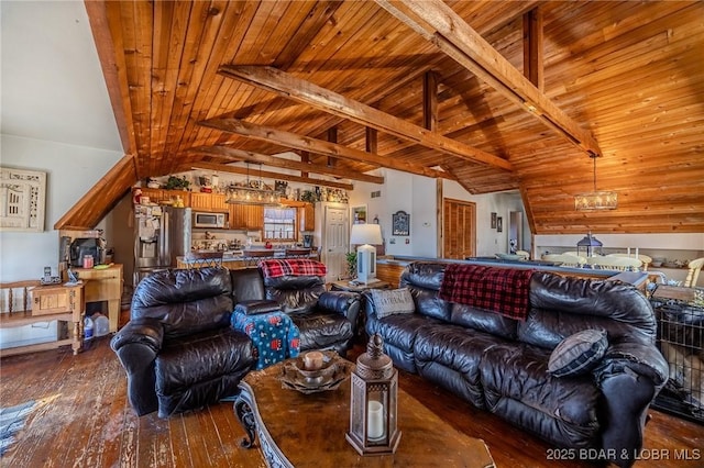 living room featuring hardwood / wood-style floors, wood ceiling, and lofted ceiling with beams