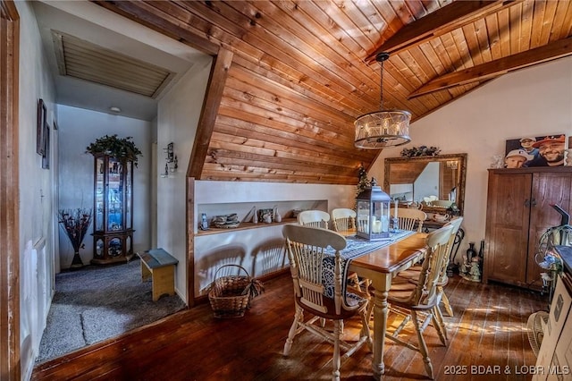 dining space with dark wood-type flooring, a notable chandelier, lofted ceiling with beams, and wooden ceiling