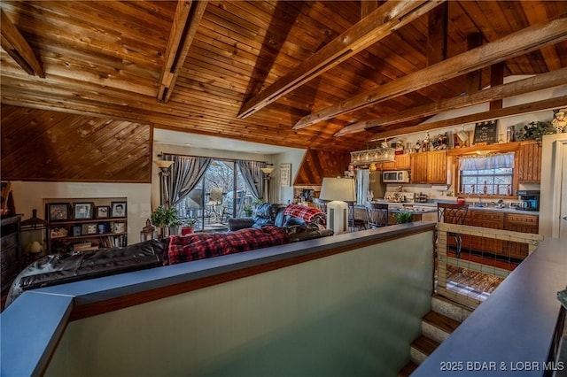 interior space featuring lofted ceiling with beams and wood ceiling
