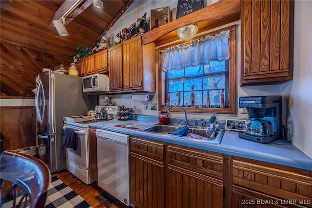 kitchen with white range with electric stovetop, stainless steel microwave, a sink, wood ceiling, and dishwashing machine